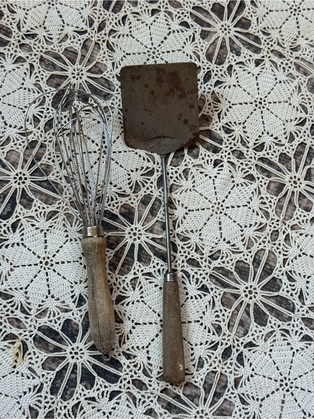Vintage Wooden-Handled Whisk and Spatula - Brown
